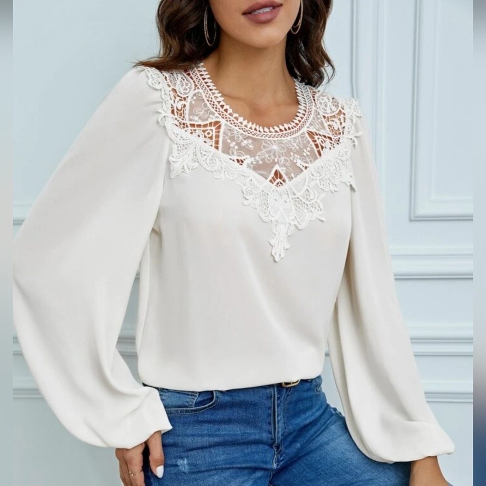 SHEIN Women's Lace Ivory Cream Long Sleeve Blouse Size Small EUC 🐈